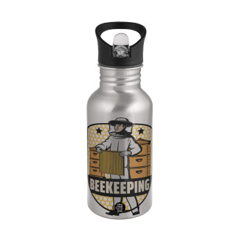Beekeeping, Water bottle Silver with straw, stainless steel 500ml