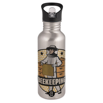 Beekeeping, Water bottle Silver with straw, stainless steel 600ml