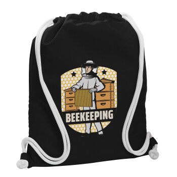 Beekeeping, Τσάντα πλάτης πουγκί GYMBAG Μαύρη, με τσέπη (40x48cm) & χονδρά λευκά κορδόνια