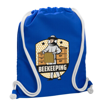 Beekeeping / Μελισσοκόμος, Τσάντα πλάτης πουγκί GYMBAG Μπλε, με τσέπη (40x48cm) & χονδρά κορδόνια