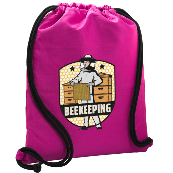 Beekeeping / Μελισσοκόμος, Τσάντα πλάτης πουγκί GYMBAG Φούξια, με τσέπη (40x48cm) & χονδρά κορδόνια