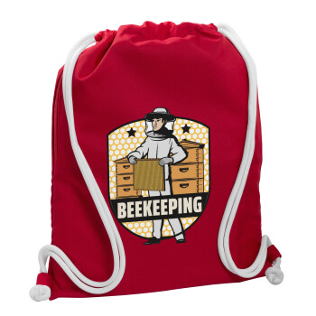 Beekeeping / Μελισσοκόμος, Τσάντα πλάτης πουγκί GYMBAG Κόκκινη, με τσέπη (40x48cm) & χονδρά κορδόνια