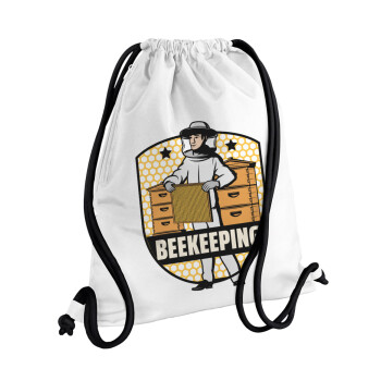 Beekeeping, Τσάντα πλάτης πουγκί GYMBAG λευκή, με τσέπη (40x48cm) & χονδρά κορδόνια