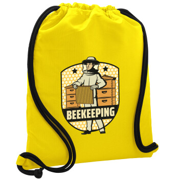 Beekeeping / Μελισσοκόμος, Τσάντα πλάτης πουγκί GYMBAG Κίτρινη, με τσέπη (40x48cm) & χονδρά κορδόνια