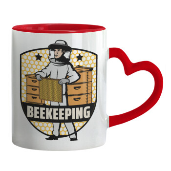 Beekeeping / Μελισσοκόμος, Κούπα καρδιά χερούλι κόκκινη, κεραμική, 330ml