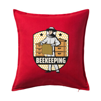 Beekeeping / Μελισσοκόμος, Μαξιλάρι καναπέ Κόκκινο 100% βαμβάκι, περιέχεται το γέμισμα (50x50cm)