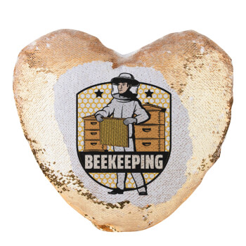 Beekeeping, Μαξιλάρι καναπέ καρδιά Μαγικό Χρυσό με πούλιες 40x40cm περιέχεται το  γέμισμα
