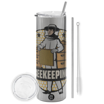 Beekeeping, Eco friendly stainless steel Silver tumbler 600ml, with metal straw & cleaning brush