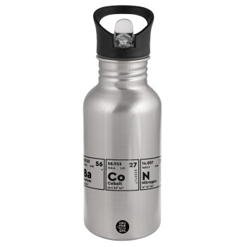 Chemical table your text, Water bottle Silver with straw, stainless steel 500ml