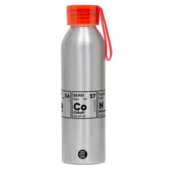 Χημικά στοιχεία το όνομα σου, Αλουμινένιο Αθλητικό Μπουκάλι 650ml – Ασημί με Κόκκινο Καπάκι και Λουράκι Σιλικόνης