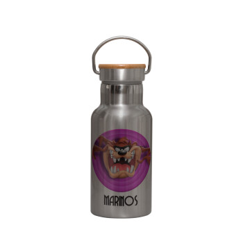 Taz, Stainless steel metallic thermos flask, silver with a bamboo lid, double-walled, 350ml.