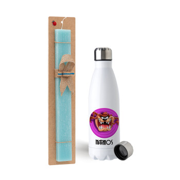 Taz, Easter Set, metallic stainless steel water bottle (750ml) & aromatic flat Easter candle (30cm) (TURQUOISE)