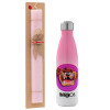 Easter Set, Metallic pink/white (Stainless steel) thermos, double-walled, 500ml & aromatic flat Easter candle (30cm) (PINK)