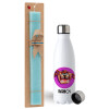 Easter Set, metallic stainless steel water bottle (750ml) & aromatic flat Easter candle (30cm) (TURQUOISE)