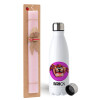 Easter Set, metallic stainless steel water bottle (750ml) & scented flat Easter candle (30cm) (PINK)