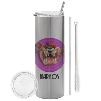 Taz, Eco friendly stainless steel Silver tumbler 600ml, with metal straw & cleaning brush