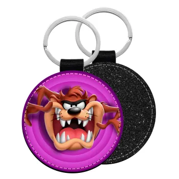 Taz, Μπρελόκ Δερματίνη, στρογγυλό ΜΑΥΡΟ (5cm)