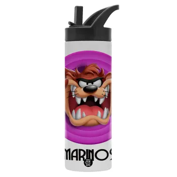 Taz, Metallic thermos bottle with straw & handle, stainless steel (Stainless steel 304), double-walled, 600ml.