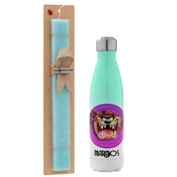 Taz, Easter Set, Metallic green/white thermos (Stainless steel), double-walled, 500ml & scented flat Easter candle (30cm) (TURQUOISE)