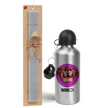 Taz, Easter Set, metallic silver aluminum water bottle (500ml) & aromatic flat Easter candle (30cm) (GRAY)