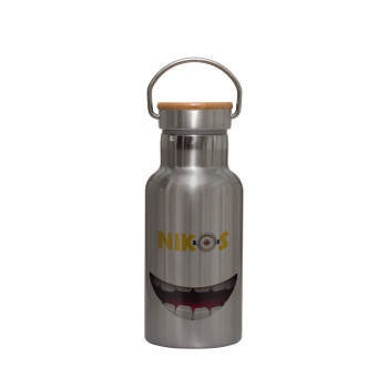 The minions, Stainless steel metallic thermos flask, silver with a bamboo lid, double-walled, 350ml.