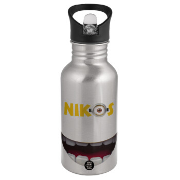 The minions, Water bottle Silver with straw, stainless steel 500ml