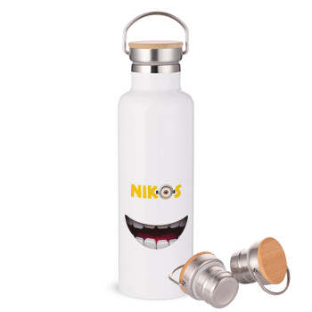 The minions, Stainless steel White with wooden lid (bamboo), double wall, 750ml