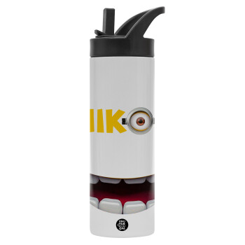 The minions, Μεταλλικό παγούρι θερμός με καλαμάκι & χειρολαβή, ανοξείδωτο ατσάλι (Stainless steel 304), διπλού τοιχώματος, 600ml