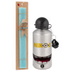 Easter Set, metallic silver aluminum water bottle (500ml) & scented flat Easter candle (30cm) (TURQUOISE)
