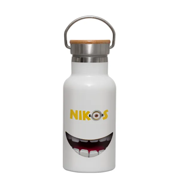 The minions — Metallic thermos (Stainless steel) White with wooden lid (bamboo), double-walled, 350ml