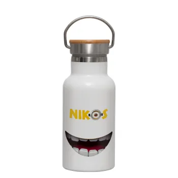 The minions, Metallic thermos (Stainless steel) White with wooden lid (bamboo), double-walled, 350ml