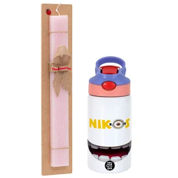 The minions, Easter Set, Children's thermal stainless steel water bottle with safety straw, pink/purple (350ml) & Easter scented flat candle (30cm) (PINK)