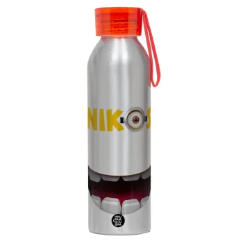 The minions, Αλουμινένιο Αθλητικό Μπουκάλι 650ml – Ασημί με Κόκκινο Καπάκι και Λουράκι Σιλικόνης