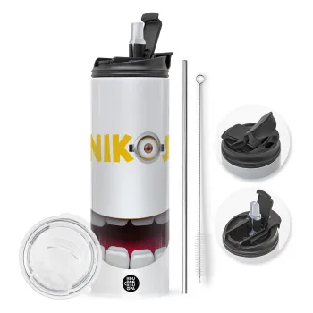 The minions, Travel Tumbler θερμό με διπλό καπάκι, μεταλλικό καλαμάκι και βούρτσα καθαρισμού (Ανωξείδωτο 304 Food grade, BPA free, 600ml)