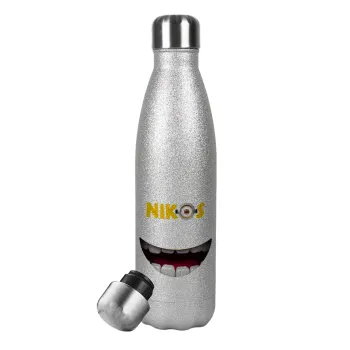The minions, Μεταλλικό παγούρι θερμός Glitter Aσημένιο (Stainless steel), διπλού τοιχώματος, 500ml