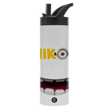 The minions, Μεταλλικό παγούρι θερμός με καλαμάκι & χειρολαβή, ανοξείδωτο ατσάλι (Stainless steel 304), διπλού τοιχώματος, 600ml