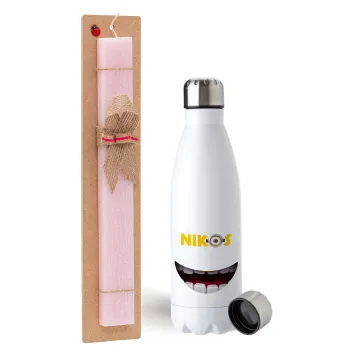 The minions, Easter Set, metallic stainless steel water bottle (750ml) & scented flat Easter candle (30cm) (PINK)