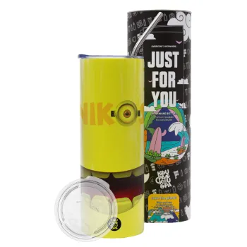 The minions, Neon Yellow Travel Tumbler θερμό, μεταλλικό καλαμάκι(Ανωξείδωτο 304 Food grade, BPA free, 600ml)