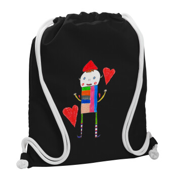 Ο Αλέξανδρος ζωγραφίζει την Αγάπη, Τσάντα πλάτης πουγκί GYMBAG Μαύρη, με τσέπη (40x48cm) & χονδρά λευκά κορδόνια