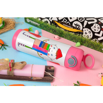 Ο Αλέξανδρος ζωγραφίζει την Αγάπη, Πασχαλινή Λαμπάδα με Παιδικό παγούρι θερμό, ανοξείδωτο, με καλαμάκι ασφαλείας, ΡΟΖ (500ml)