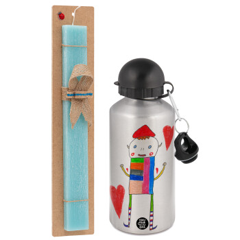 Ο Αλέξανδρος ζωγραφίζει την Αγάπη, Easter Set, metallic silver aluminum water bottle (500ml) & scented flat Easter candle (30cm) (TURQUOISE)
