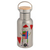 Stainless steel metallic thermos flask, silver with a bamboo lid, double-walled, 350ml.