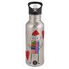 Water bottle Silver with straw, stainless steel 600ml