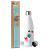 Easter Set, metallic stainless steel water bottle (750ml) & aromatic flat Easter candle (30cm) (TURQUOISE)