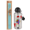 Easter Set, metallic silver aluminum water bottle (500ml) & scented flat Easter candle (30cm) (TURQUOISE)