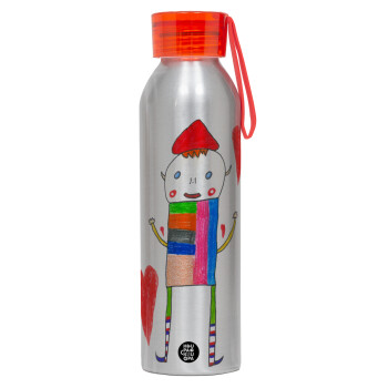 Ο Αλέξανδρος ζωγραφίζει την Αγάπη, Αλουμινένιο Αθλητικό Μπουκάλι 650ml – Ασημί με Κόκκινο Καπάκι και Λουράκι Σιλικόνης