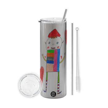 Ο Αλέξανδρος ζωγραφίζει την Αγάπη, Tumbler ποτήρι θερμό Ασημένιο από ανοξείδωτο ατσάλι 600ml, με μεταλλικό καλαμάκι & βούρτσα καθαρισμού