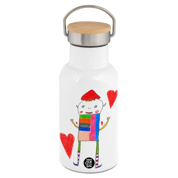 Ο Αλέξανδρος ζωγραφίζει την Αγάπη — Metallic thermos (Stainless steel) White with wooden lid (bamboo), double-walled, 350ml