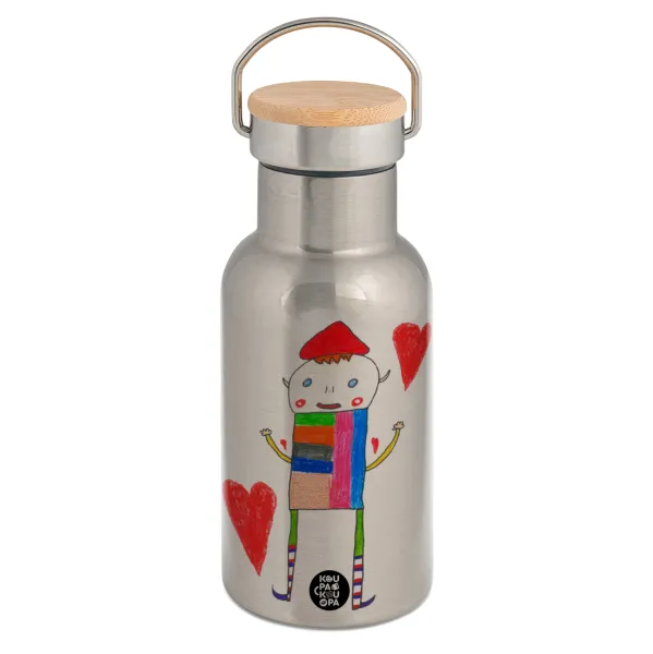 Ο Αλέξανδρος ζωγραφίζει την Αγάπη — Stainless steel metallic thermos flask, silver with a bamboo lid, double-walled, 350ml.