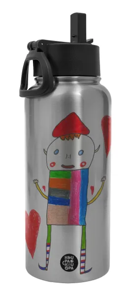Ο Αλέξανδρος ζωγραφίζει την Αγάπη — Metal mug thermo Silver with Straw and Spout Lid (Stainless steel), double wall, 950ml